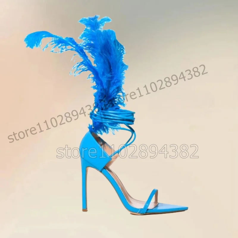 Blue Feather Decor Open Toe Twine Strappy Sandals Lace Up Women Shoes Thin High Heels Fashion Banquet 2023 Zapatos Para Mujere