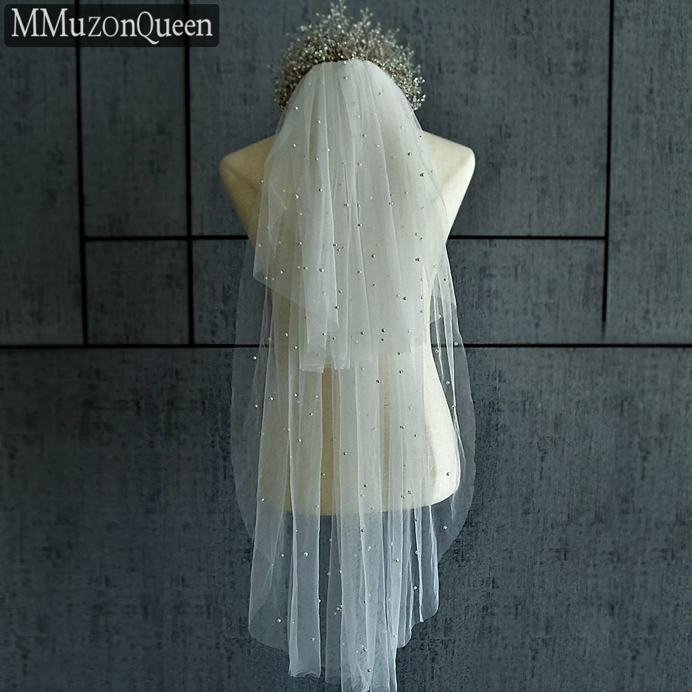 MMQ 2 Layers Of Pearl Bridal Veil With Blush Comb Soft Tulle White Short Wedding Dress Bridal Accessories 베일 M08