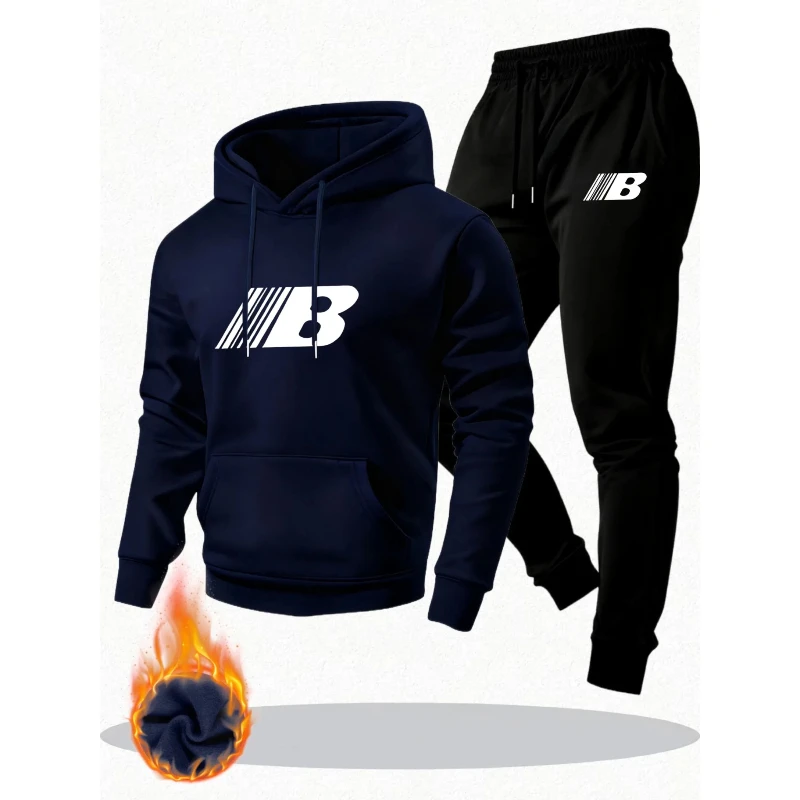 Мужской теплый комплект из двух предметов — уютная толстовка и джоггеры с принтом «B», повседневные длинные брюки, идеально подходят для осени/зимы