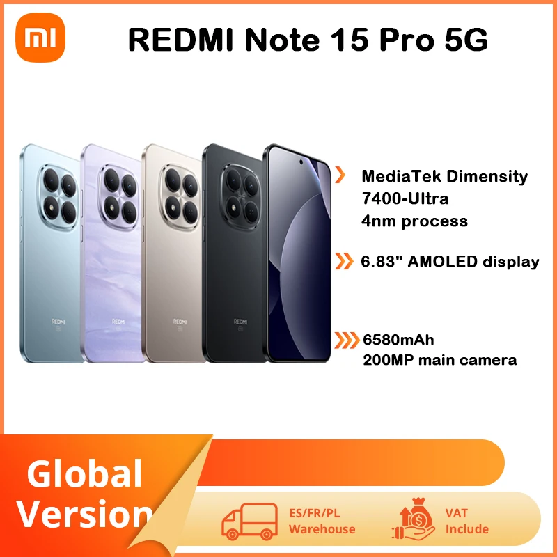 Smartphone Xiaomi Redmi Note 15 Pro 5G, NFC MTK Dimension 7400-Ultra, écran 6,83 pouces 120 Hz, appareil photo 200 MP, charge 45 W, batterie 6580 mAh