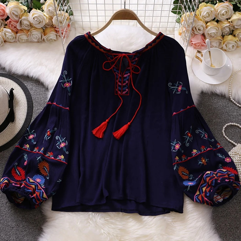 Spring Women Blouse Indie Folk Embroidery Lace-Up Tassel O-Neck Lantern Sleeve Tops Loose Cotton Female Blusa Casual Shirts