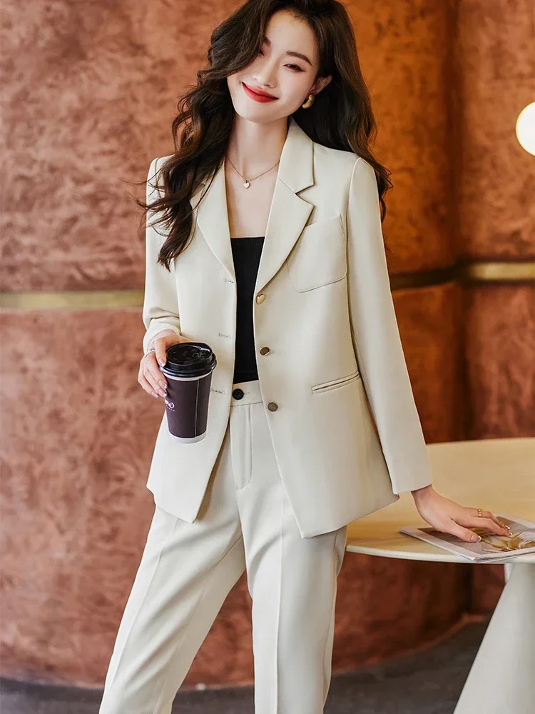 Mode Zwart Koffie Beige Broek Pak Dames Formele 2 Delige Set Vrouwen Zakelijk Werkkleding Lange Mouw Jas Blazer En Broek