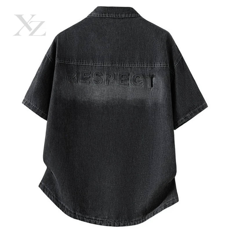 Premium Men's Casual Black Denim Shirt Short Sleeve Loose Fit Gradient Washed RESPECT Embossed Summer Streetwear Button Up