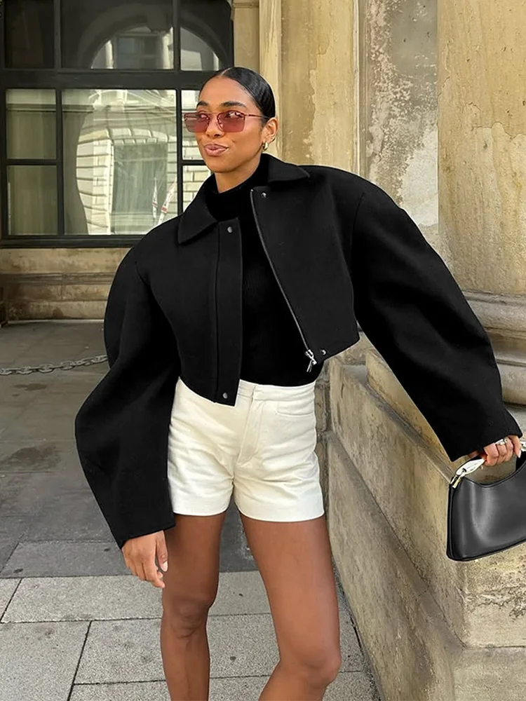 Chaquetas Bomber recortadas con solapa Simple para mujer, abrigos de manga larga con cremallera, ropa de abrigo informal elegante OL, novedad de 2026