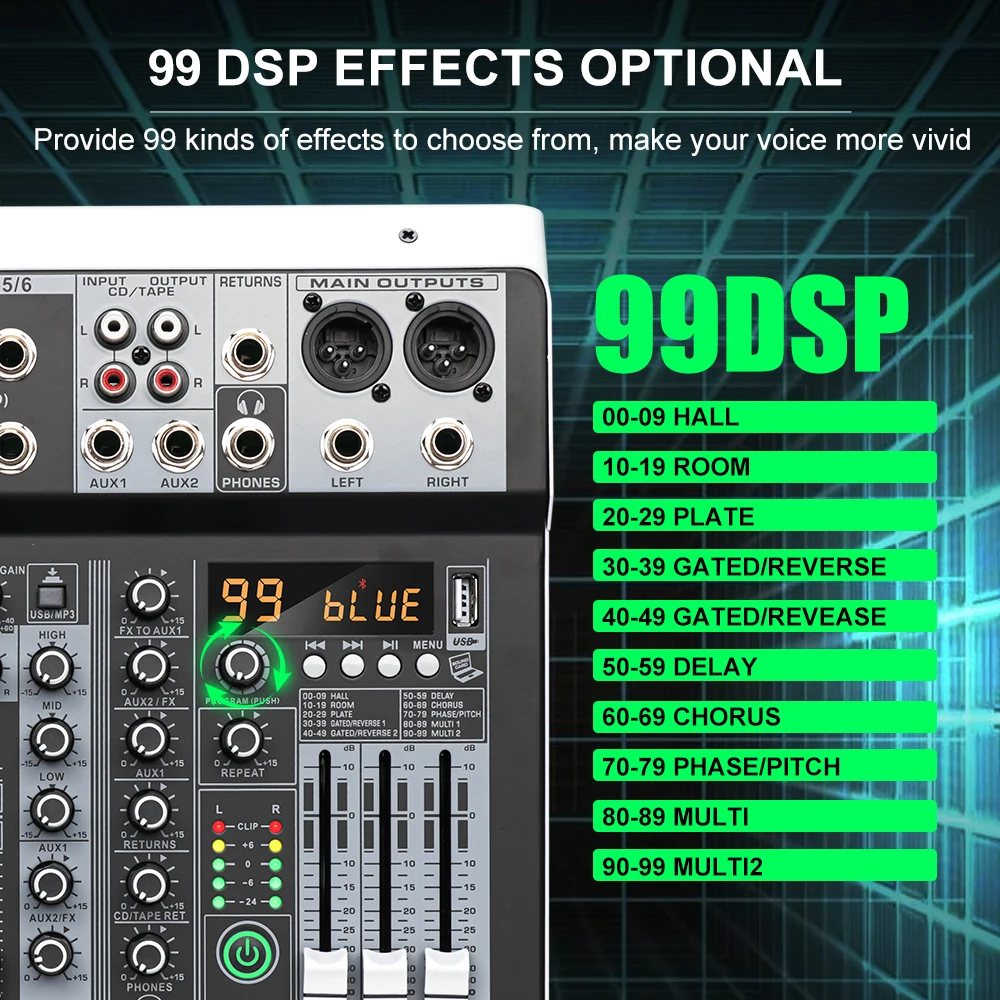 LEUS MX6 Channel 99 DSP Effect Audio Mixer Record PC 48V Phantom Power USB Sound Mixers Bluetooth DJ Console Mixing for Karaok