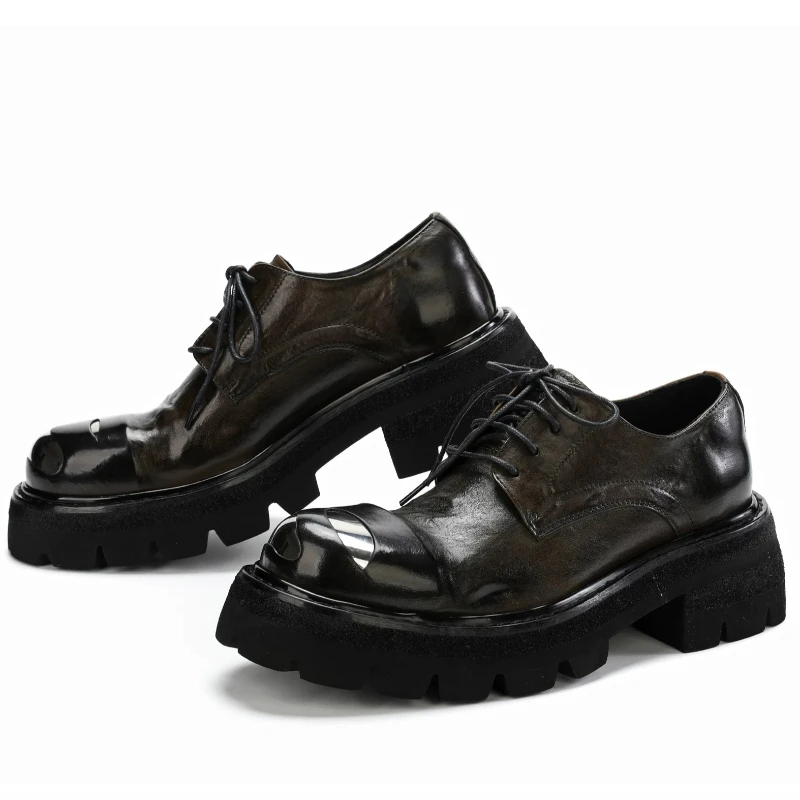 European/American Olive Green Design Iron Toe Derby Shoes Men's Upturned Toe Height Increasing Shoes Genuine Leather Dress Shoes