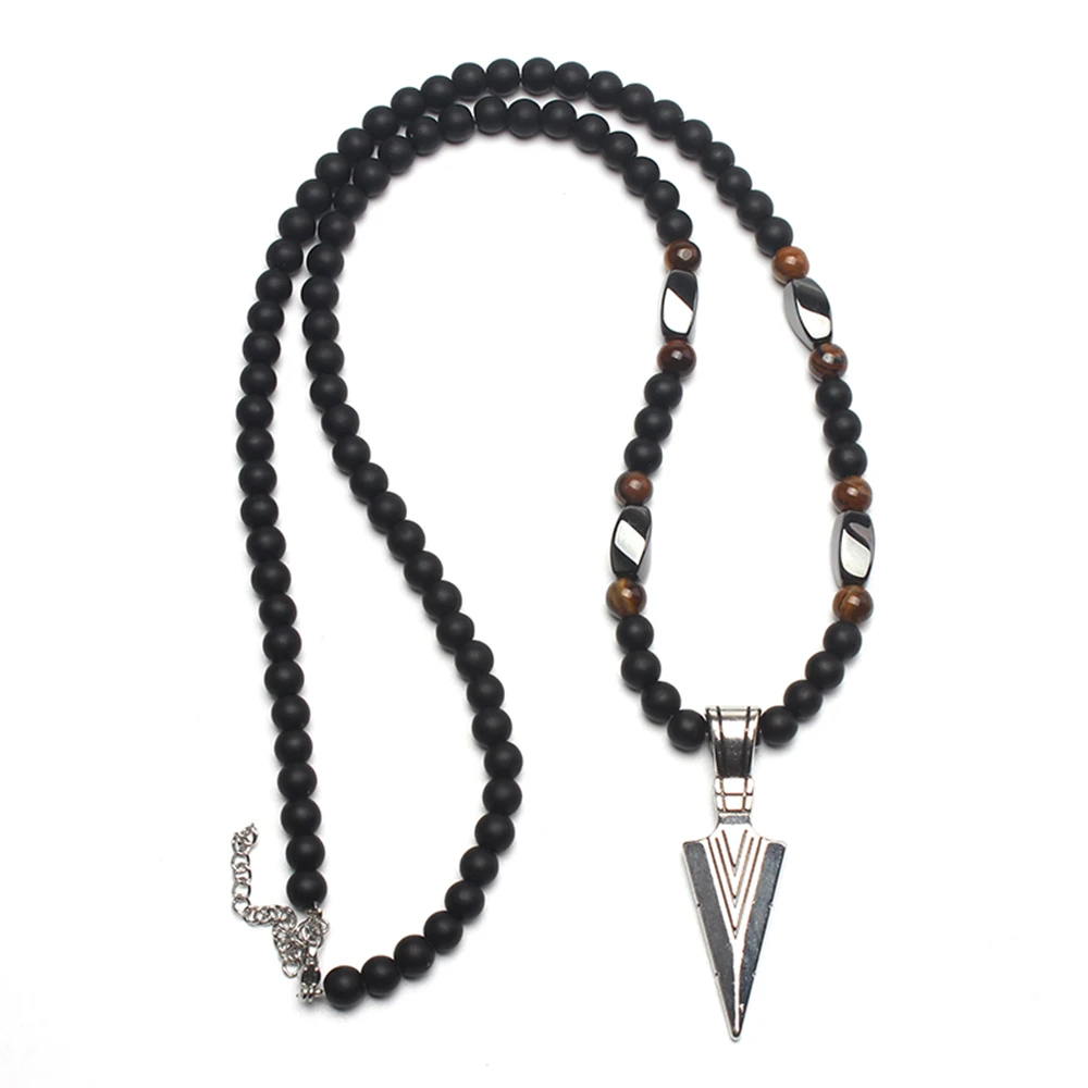 Cool 6mm Matte Black Round Beads Slivery Golden Color Arrow Pendant Necklace for Men Handmade Jewelry Gift