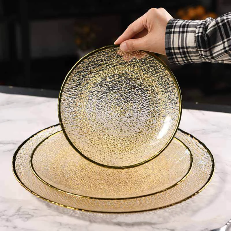 Gold Fruit Snack Dish Creative Light Luxury Glass Tableware Set Hotel Banquet Steak Dessert Tray Western Style Dining Flat Plate