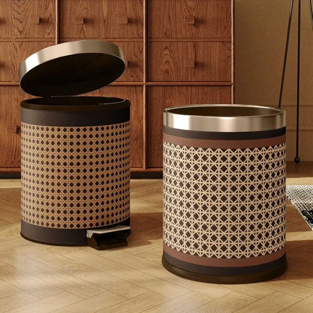 Rattan Pattern Stainless Steel Waste Bin Set, Foot-Operated Lidded Trash Can Open Top Garbage Basket, Waterproof Durable for