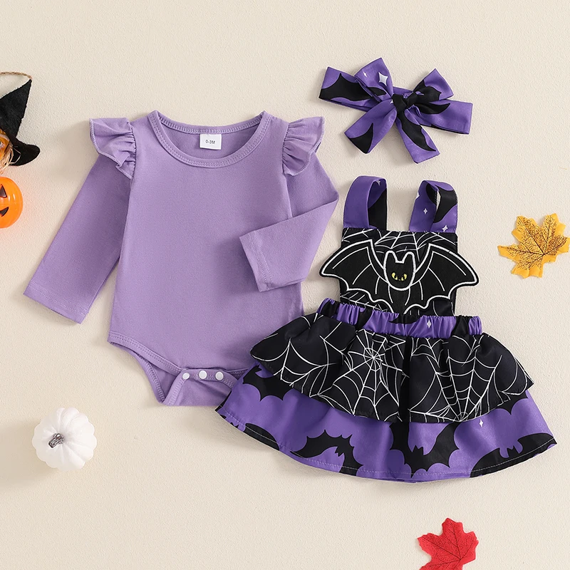 Baby Girls Flying Sleeve Rompers Pumpkin/Ghost Embroidery Suspender Skirts Headband Outfits Newborn Halloween Clothes Sets