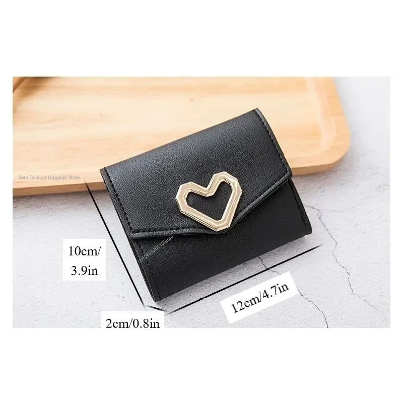 Fashion Women Heart Buckle Short Wallet Multifunctional Folding Purse Card Holder Cute PU Leather Slim Simple Female Purse