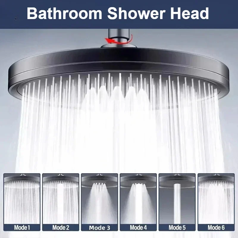 Big Panel Top Spray Rain 360° Swivel Showerhead New 6 Modes Adjustable Large Rainfall Shower Head High-Pressure Water Saving
