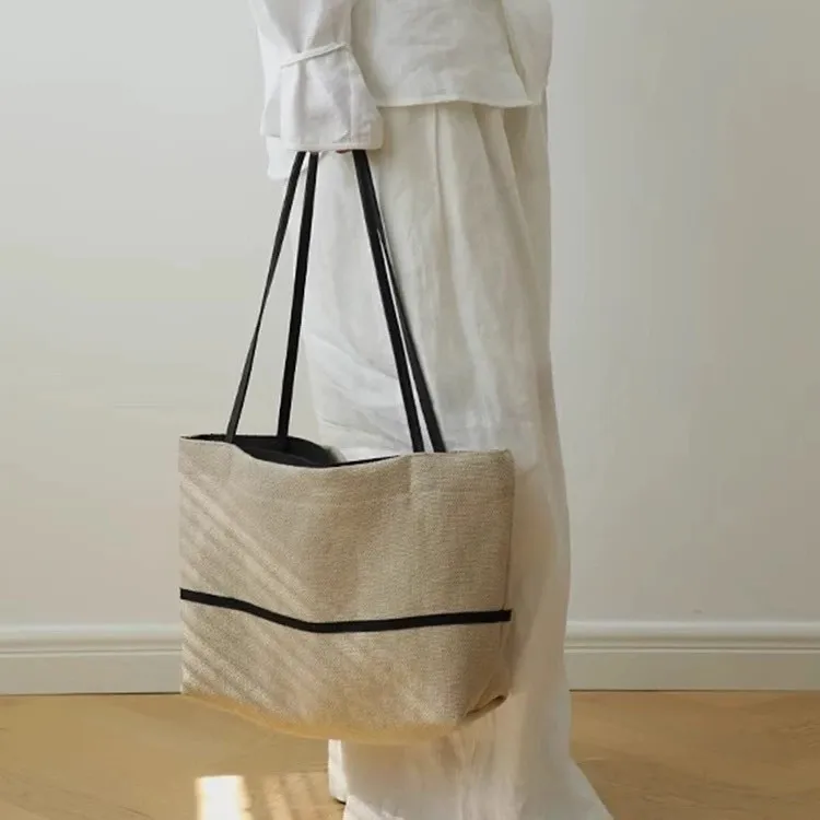 Womens Linen Blend Striped Tote Bag Large Capacity Shoulder Bag for Beach Travel Daily Use
