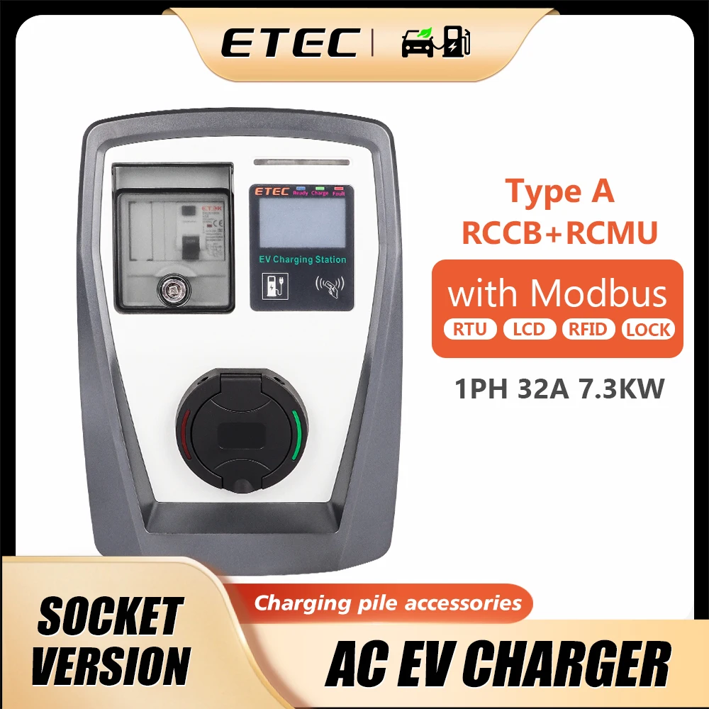 ETEC Home EV Charger Station Wallbox with Socket Electric Car Type 2 Plug 22kW 32A 3 Phase Modbus RTU LCD RFID Card AC 220V 230V