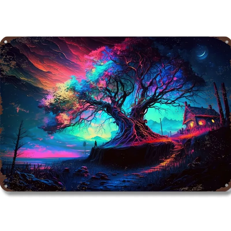 

Enchanted Nighttime Tree Metal Tin Sign - Vibrant Fantasy Landscape Wall Art, 7.9x11.8"/11.8x17.7", Ideal for Home, Office Decor