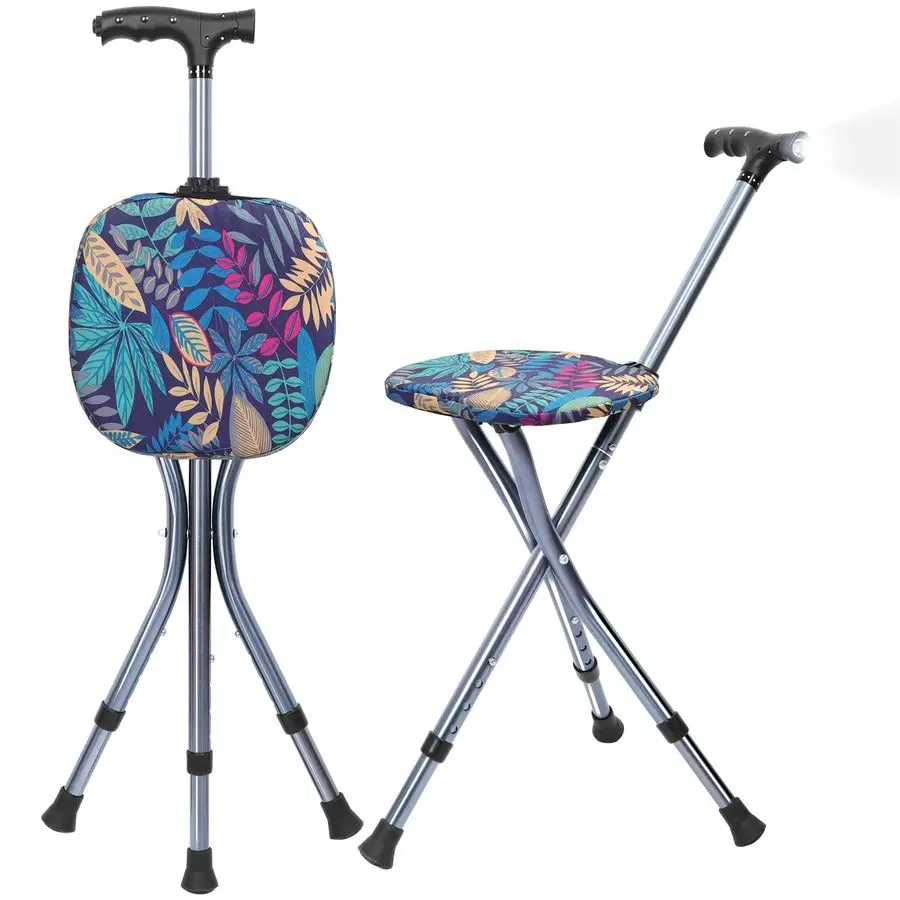 

Cane with Seat,Adjustable Walking Stick for Seniors,Lightweight Walking Cane with LED Light,Height Adjustment Cane Seat,Portable