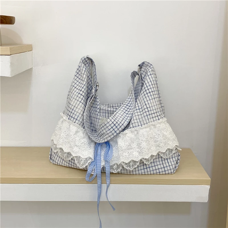 

2026 Fashion Sweet Cottagecore Essential Plaid Lace Shoulder Bag Casual Hobo Tote Bag for School Dates & Daily Outings