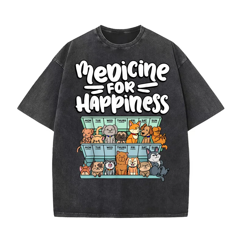 

Medicine for Happiness Pill Box Animals Dog Breeds Puppies T-shirt Men Tee Shirts Short Sleeve Male Clothes Fashion