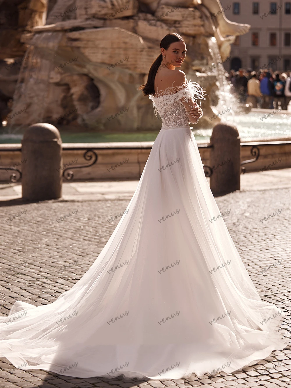 Exquisite Wedding Dresses Pretty Bridal Gowns Sequin Appliques Feather Decoration A-Line Robes For Celebrity Vestidos De Novia