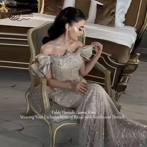 FableT Luxury Champagne Evening Dresses Saudi Arabia Beaded Crystals Wedding Party Dress Customized women's formal evening gown