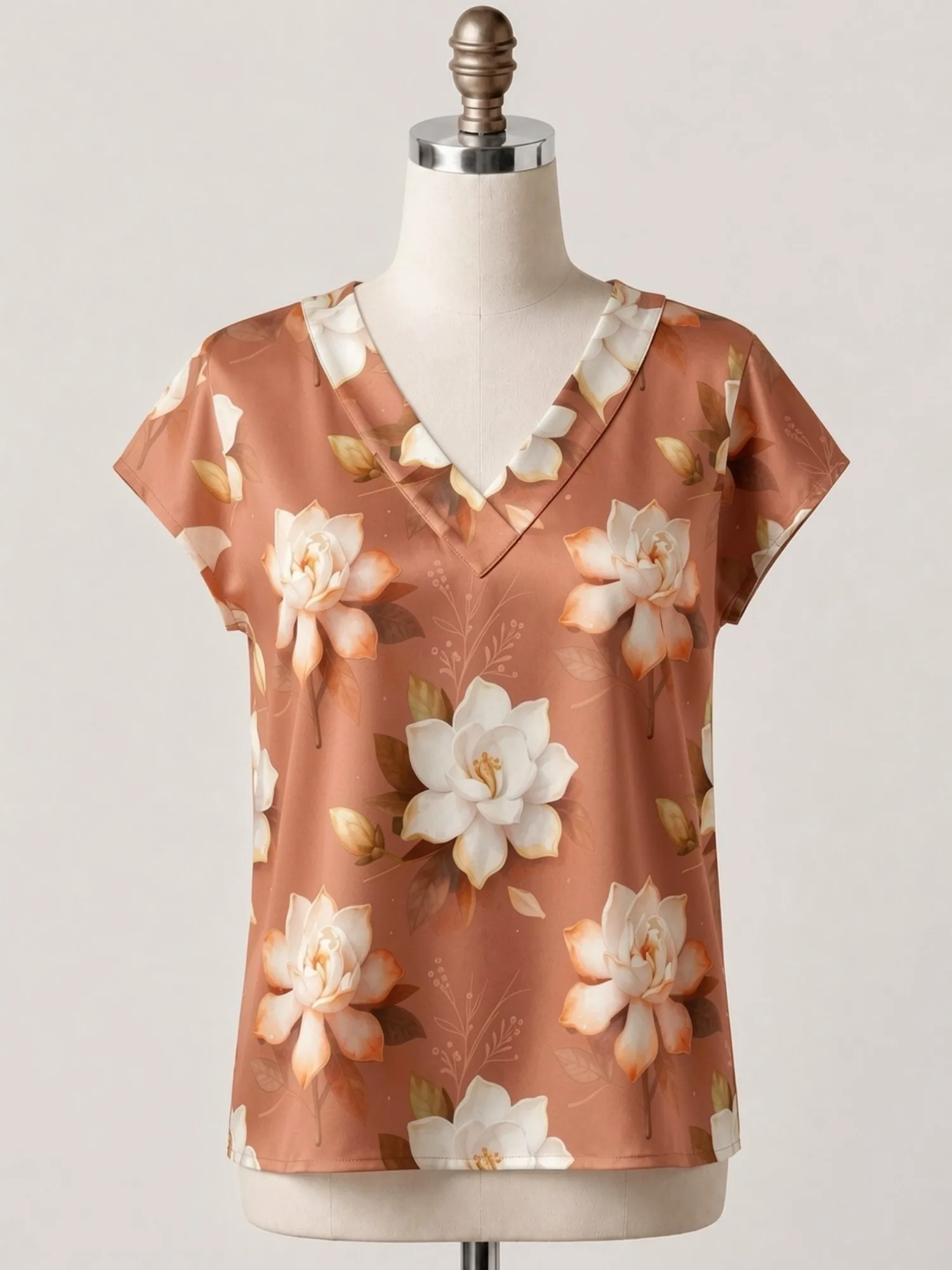 Floral Satin V Neck Top for Women Cap Sleeve Loose Draped Fit Silky Garden Party Daily Wear Lightweight Breathable Graceful Airy