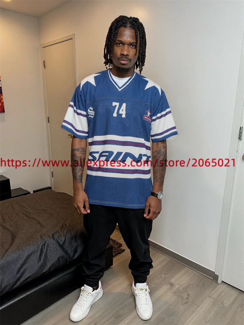 الصيف الأسود سانت تي شيرت الرجال النساء أفضل نوعية المحملة القمم عدد 74 الخامس الرقبة المتضخم شبكة تي شيرت