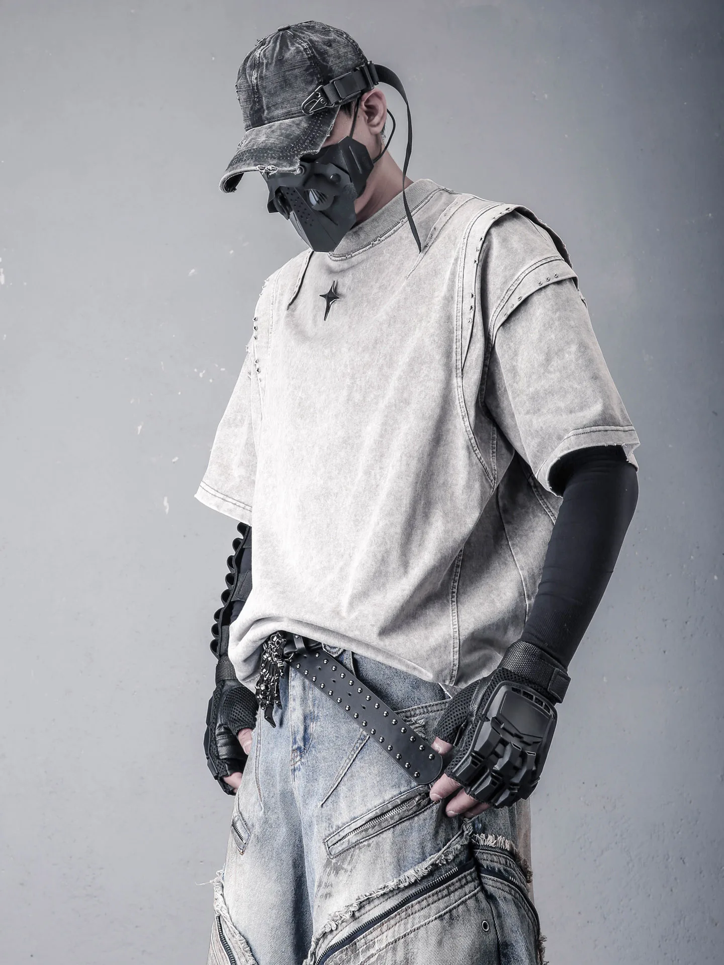 Washed Vintage Short Sleeve T-Shirt Metal Buckle Decomposition Street Style Desert Themed Casual Loose Fit Men's Top