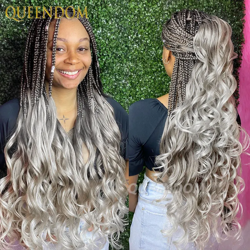 French Curly Braiding Wig Synthetic Cornrows Box Braided Wigs Full Lace Wig Stretched Bouncy French Curl Braid Jumbo Braids Wig