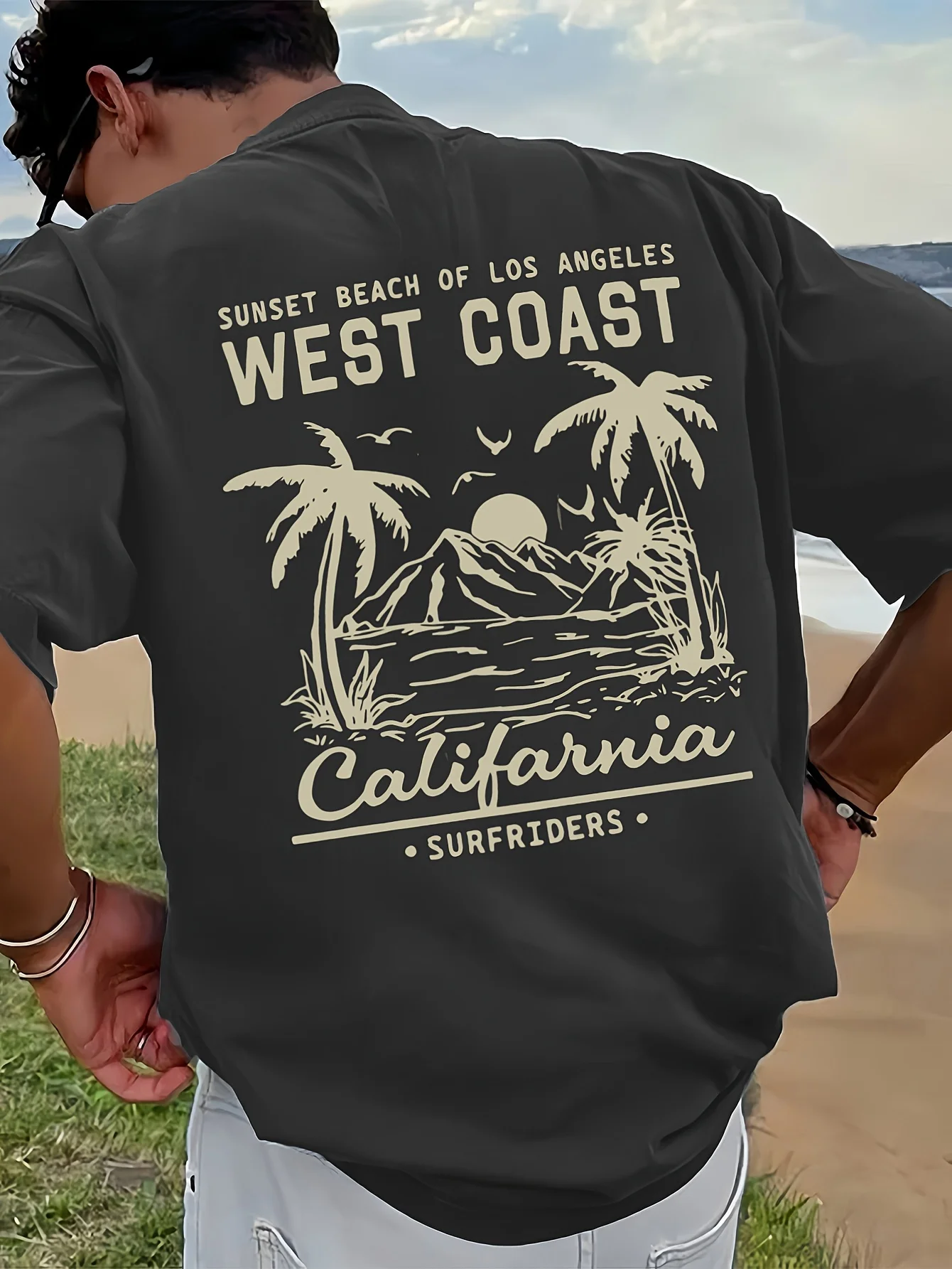 Men's 100% pure cotton casual loose retro California beach surfing pattern printed round neck short sleeved T-shirt top image 5