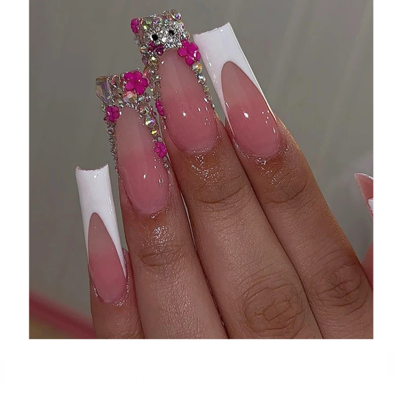 24 pçs/set y2k arte do prego falso com hellokitty strass francês borda branca design wearable longo fasle dicas de unhas manicure remendo