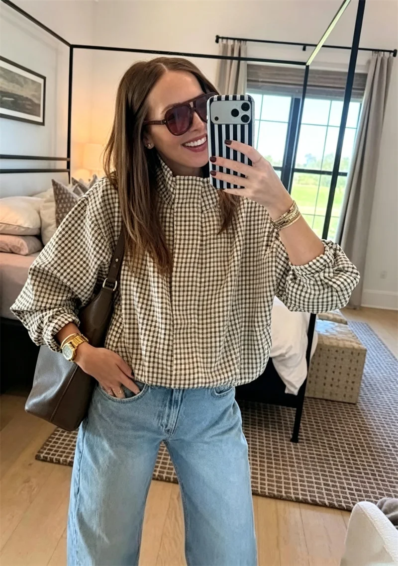 Guobioziy Women's Jacket 2026 Early Fall New Arrival Casual Fashion Loose Long Sleeve Stand Collar Zipper Plaid Bomber Jacket