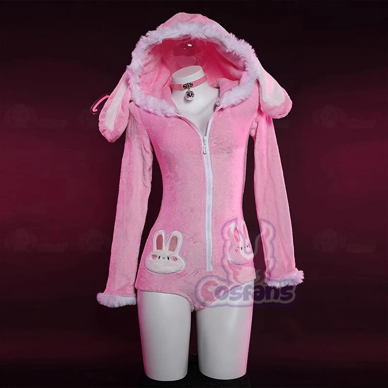 

2025NEW Cosfans Women's Cute Bunny Furry Bodycon Romper Kawaii Pink Rabbit Bodysuit with Choker Tail and Stocks Cosplay Costumes