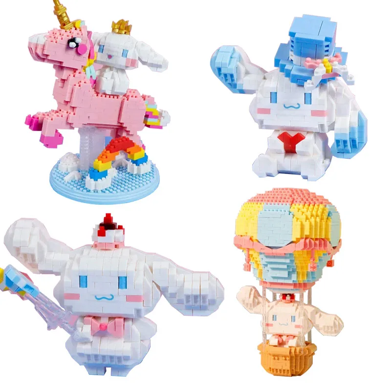 Sanrio Kawaii Building Blocks Unicorn Hot Air Balloon Moon Cinnamoroll Girl Dress Up Model Assembly Toy Birthday Gift Animation