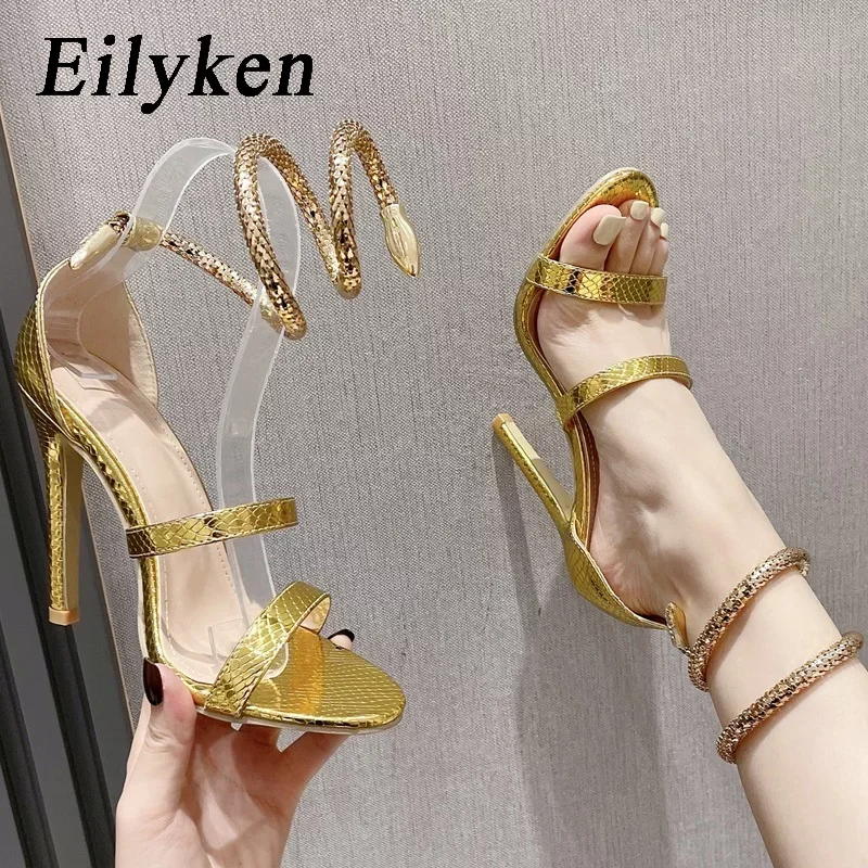 Eilyken Design Style Snake Print Leather Twining Ankle Strap Women Sandals Sexy Open Toe Stiletto High Heels Stripper Shoes