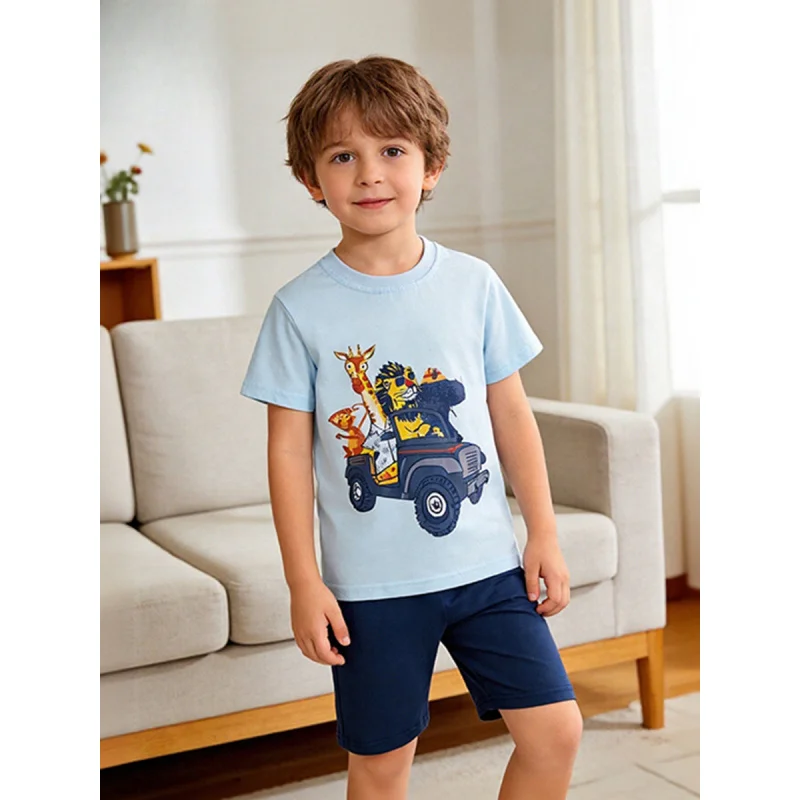 

Летний комплект для мальчиков 3-8 лет 2026: футболка с коротким рукавом и принтом мультяшных животных, круглый вырез, две части