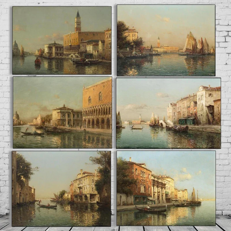 Vintage Water Town Venice Seascape Oil Painting on Canvas Print Poster Cuadros Modern Wall Art Pictures Living Room Home Decor