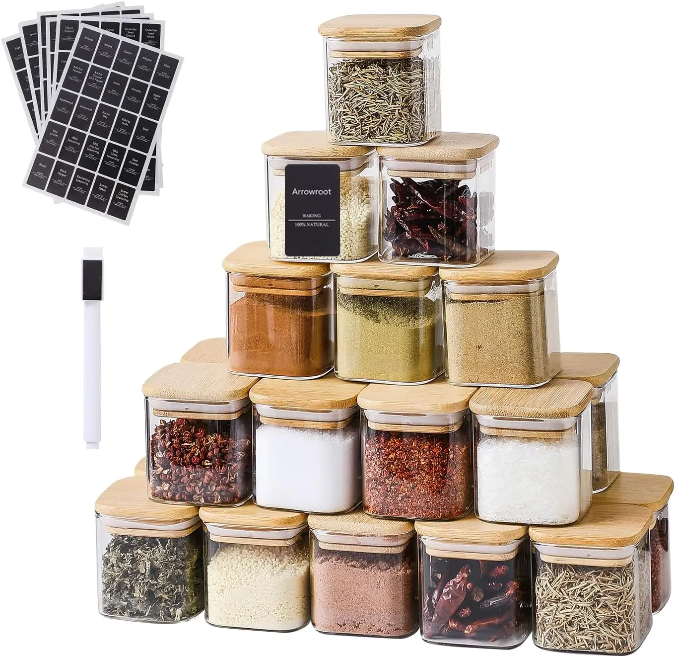 24 Pcs 4oz Glass Spice Jars with 275 Labels, Square Bamboo Lid Set, Airtight Storage for Salt Sugar Pepper