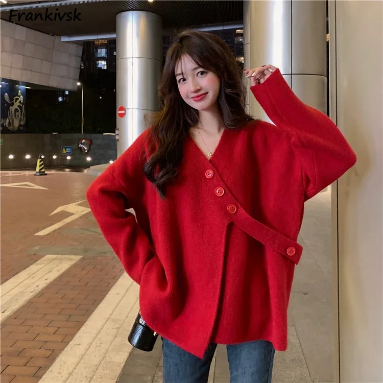 Autumn Cardigan Women Pure Loose Korean Style Temperament Simple Daily V-neck Tender Lovely Knitted Aesthetic Lounge Wear Ins