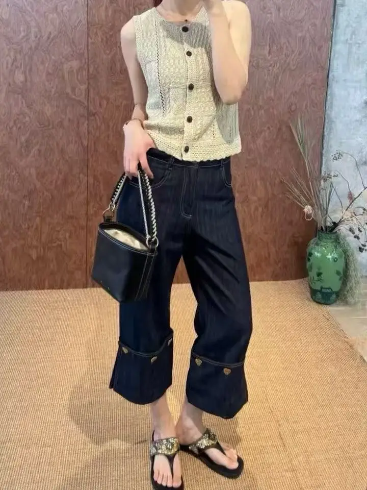 

Loose Straight Leg Jeans Women's High Waist Cotton Summer Casual Pants Shanghai Version Seven-Quarter Length Button Detail