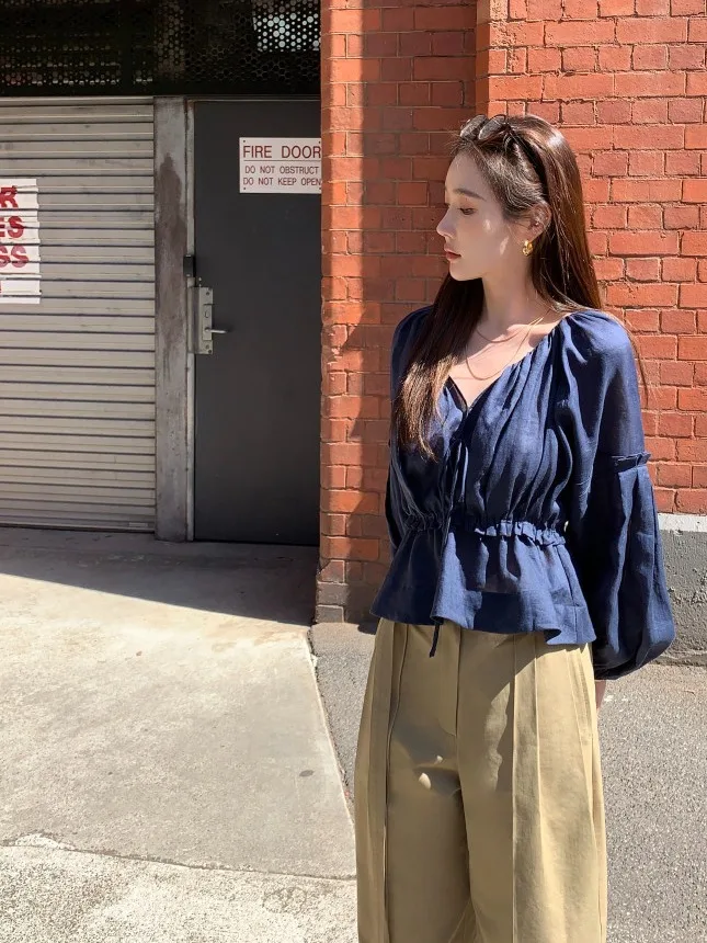 

Chic V-Ne Dstring Waist Bubble Sve Chiffon Top Women's Ele Faion Autumn New Design Sense Quali irt