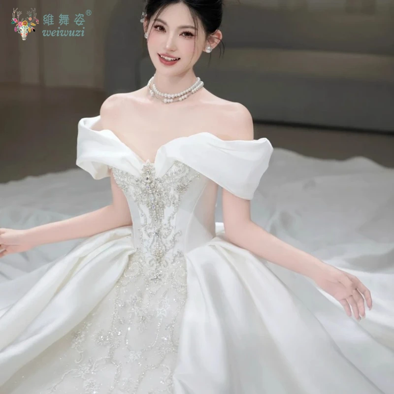 2025 신규 맞춤형 프랑스 스타일 고급 원단 레이스 럭셔리 오프숄더 임부복 웨딩드레스