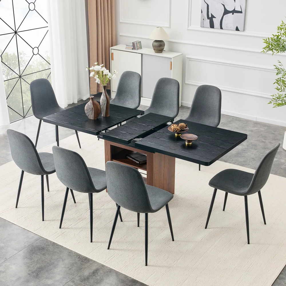 

Раздвижной обеденный гарнитур: стол 59-71 дюймов + 8 стульев из темно-серого льняно-хлопкового материала, современная мебель для столовой в стиле легкой роскоши.