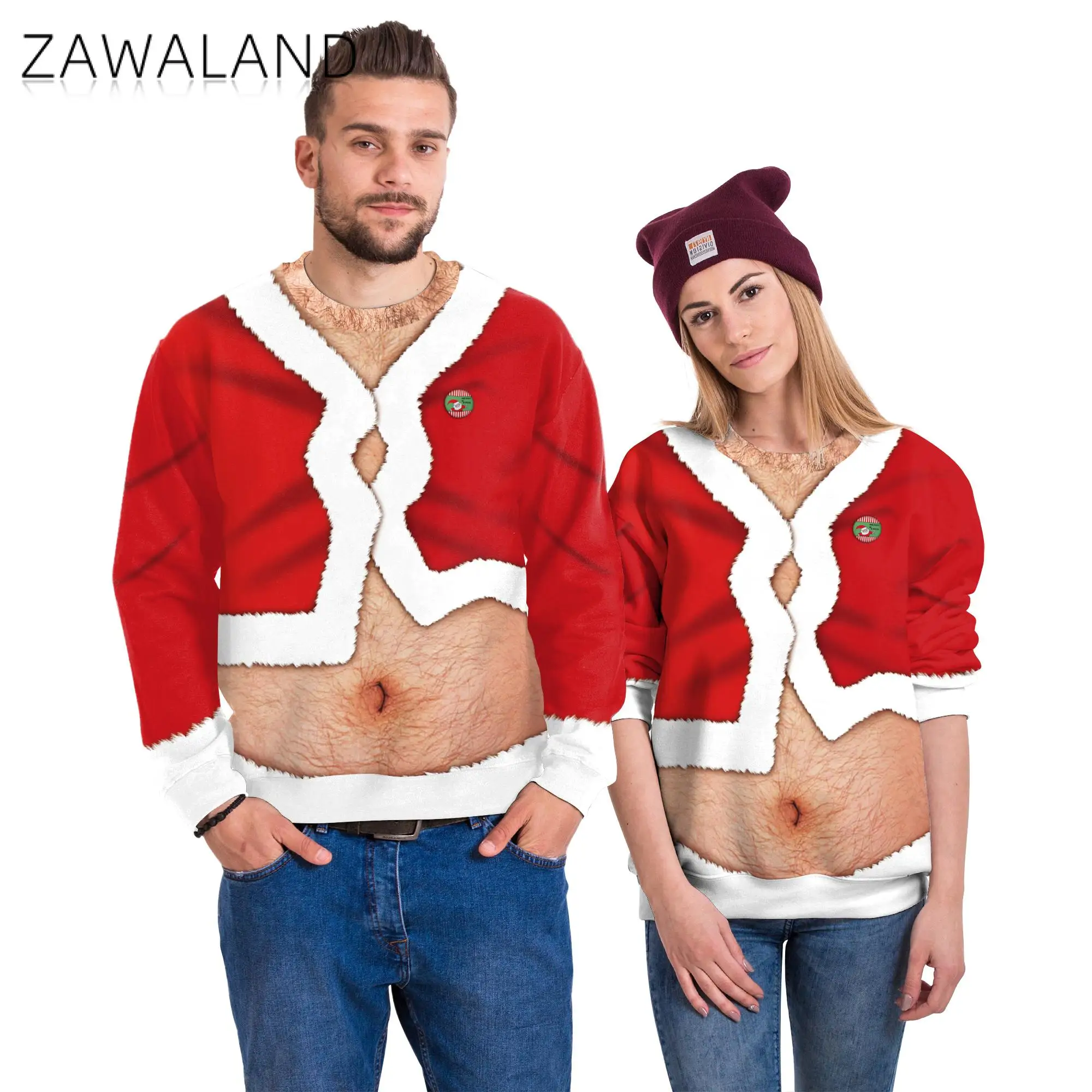 

ZAWALAND Funny Sweatshirt Christmas tree Muscle Printed Men Hoodie Xmas Cosplay Costumes Novelty Pullover Couple Hoodies