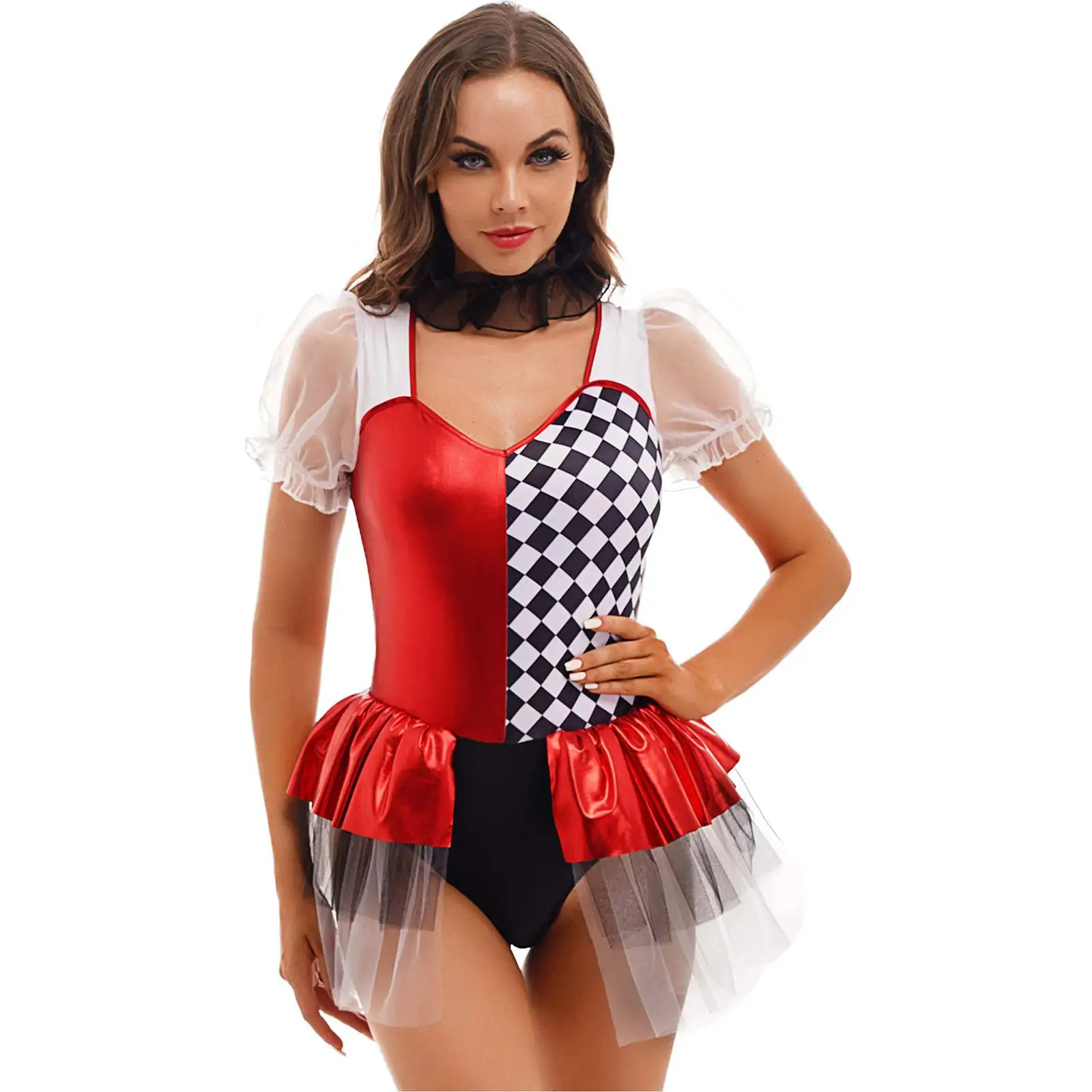 

Womens Halloween Clown Role Play Costume Shiny Circus Joker Cosplay Bodysuits Black White Grid Skirted Leotards with Neckwear