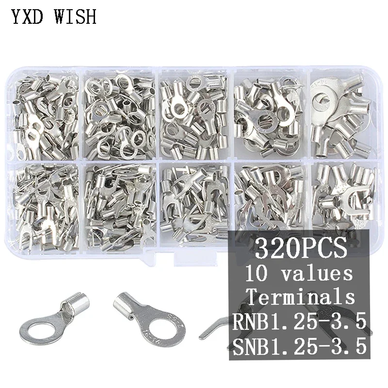 320Pcs/Box 10 In 1 Non-Insulated Ring Fork U-type Brass Terminals Assortment Kit Cable Wire Connector Crimp Spade Connector