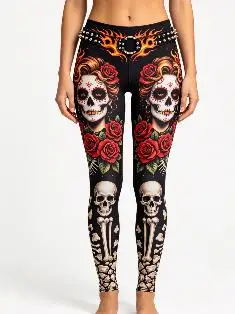 Women Mid‑Rise Fleece Lined Leggings, Day of the Dead Sugar Skull Lady Rose Skeleton Print Slim Stretch Pants