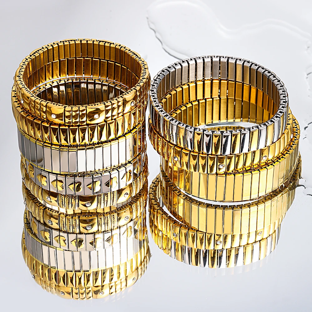 New Fashion Elastic Stainless Steel Adjustable Bracelet for Women Men Charm Embedded Rhinestone Couple Jewelry