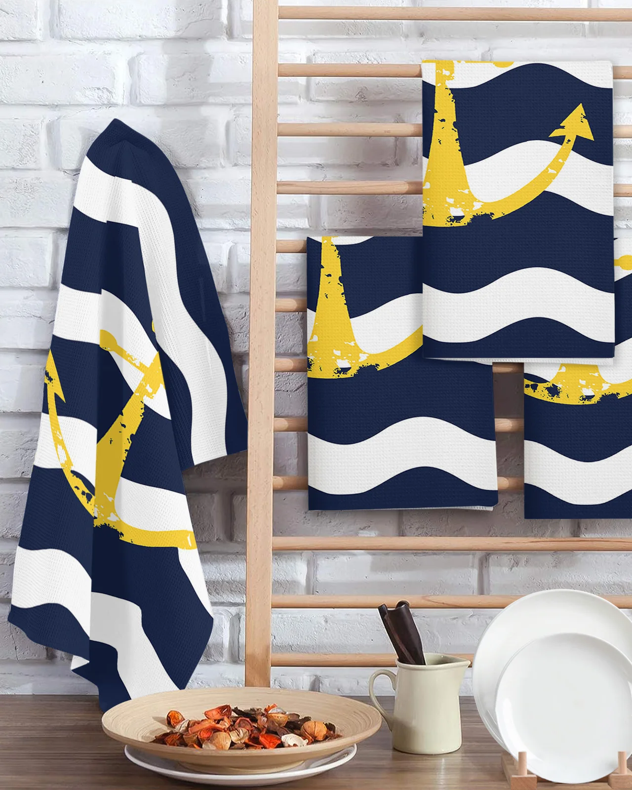 Navy Blue Ripple Yellow Anchor 2/3/4PCS Absorbent Rag Kitchen Cleaning Cloth Dish Towels Waffle Microfiber Wipe Duster