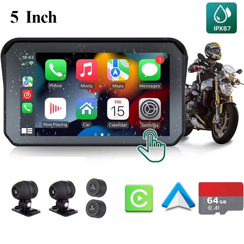 

IPX 67 For Motorcycle Carplay Waterproof 1080P 5 Inch WiFi Wireless Android-Auto DVR Monitor Dash Cam GPS Navigation TPMS