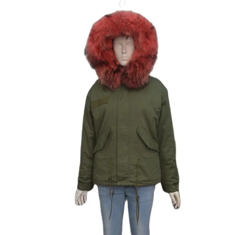 

Voguish Short Parka Watermelon Faux Fur Lined Overcoat Popular Ladies Raccoon Fur Collar Plus Size Jacket